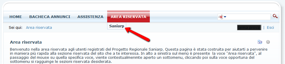 4 PROCEDURA P.H.T.: EROGAZIONE IN D.P.C. Dopo aver inserito le proprie credenziali (Username e Password) e aver cliccato sul pulsante Login il portale mostrerà nella barra dei menù la voce Area Riservata.