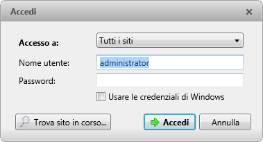 Operazini preliminari 2. Nella finestra Accedi, selezinare un sit specific selezinare Tutti i siti nel menu a discesa Access a. Figura A. Finestra di dialg Accedi.