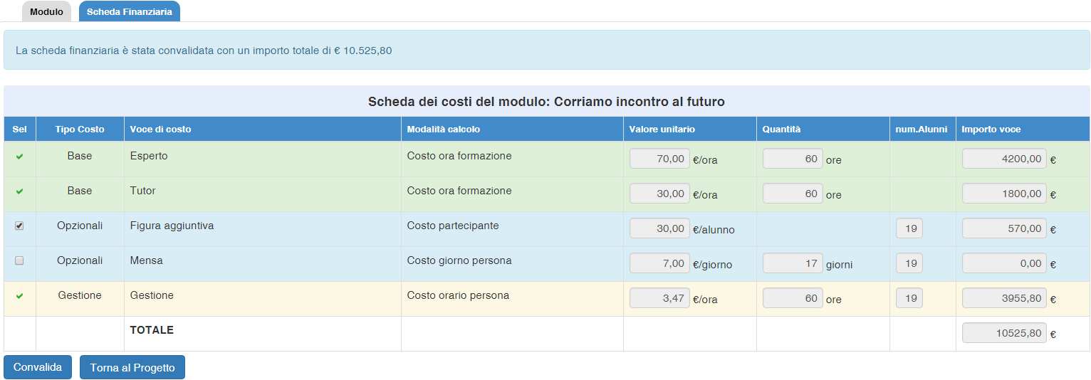 moduli in funzione dei seguenti parametri: numero dei destinatari e del numero delle ore del modulo, eventuale richiesta per voci di costo opzionali, quali Mensa e Figura aggiuntiva 10.