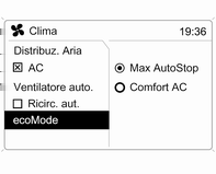 114 Climatizzatore Per visualizzare il menu, premere il comando centrale. Nel display appare il menu Clima.