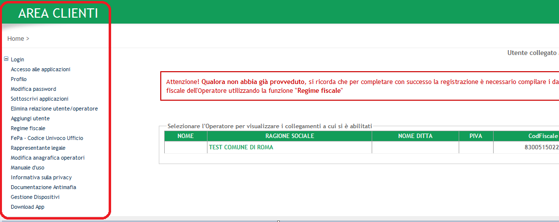 Figura 12 Pagina personale Area Clienti 2.1 Accesso alle applicazioni La funzione "Accesso alle applicazioni" consente all operatore di accedere alle applicazioni sottoscritte in precedenza.