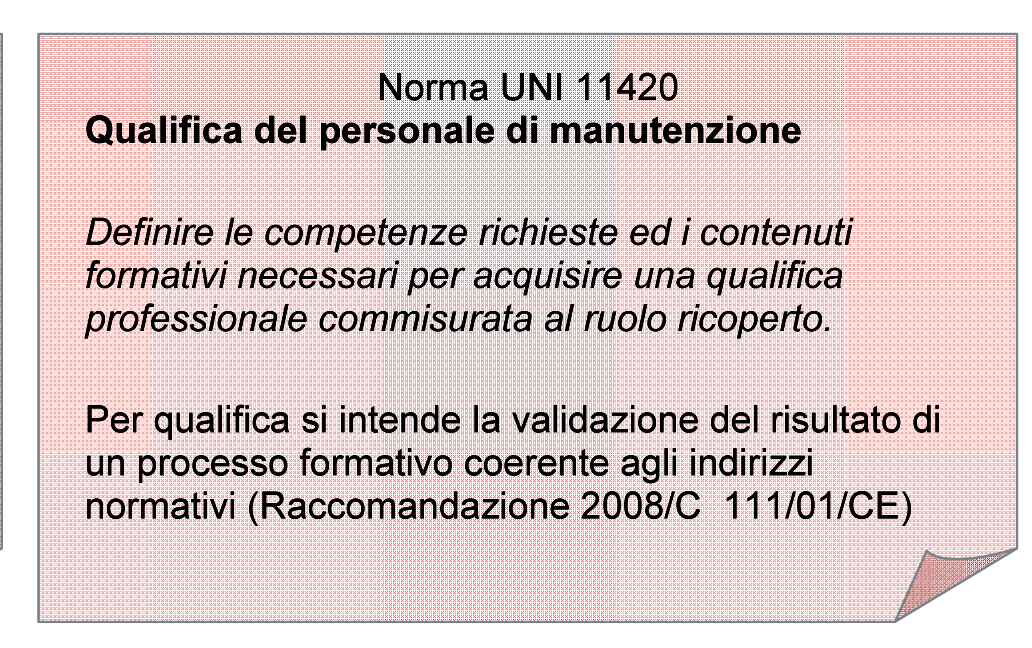CONTESTO NORMATIVO nel quale si inserisce l intervento formativo del 2013 La Norma UNI 11420 introduce le figure chiave del processo di manutenzione Responsabile Manutenzione Ingegnere di