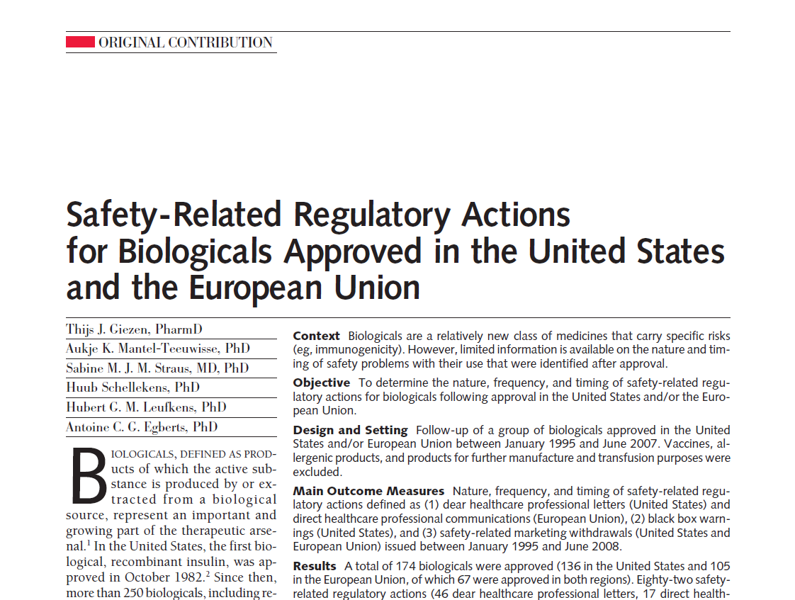 A total of 174 biologicals were approved between January 1995 and June 2007 (136 in the US and 105 in EU, of which 67 were approved in both regions).