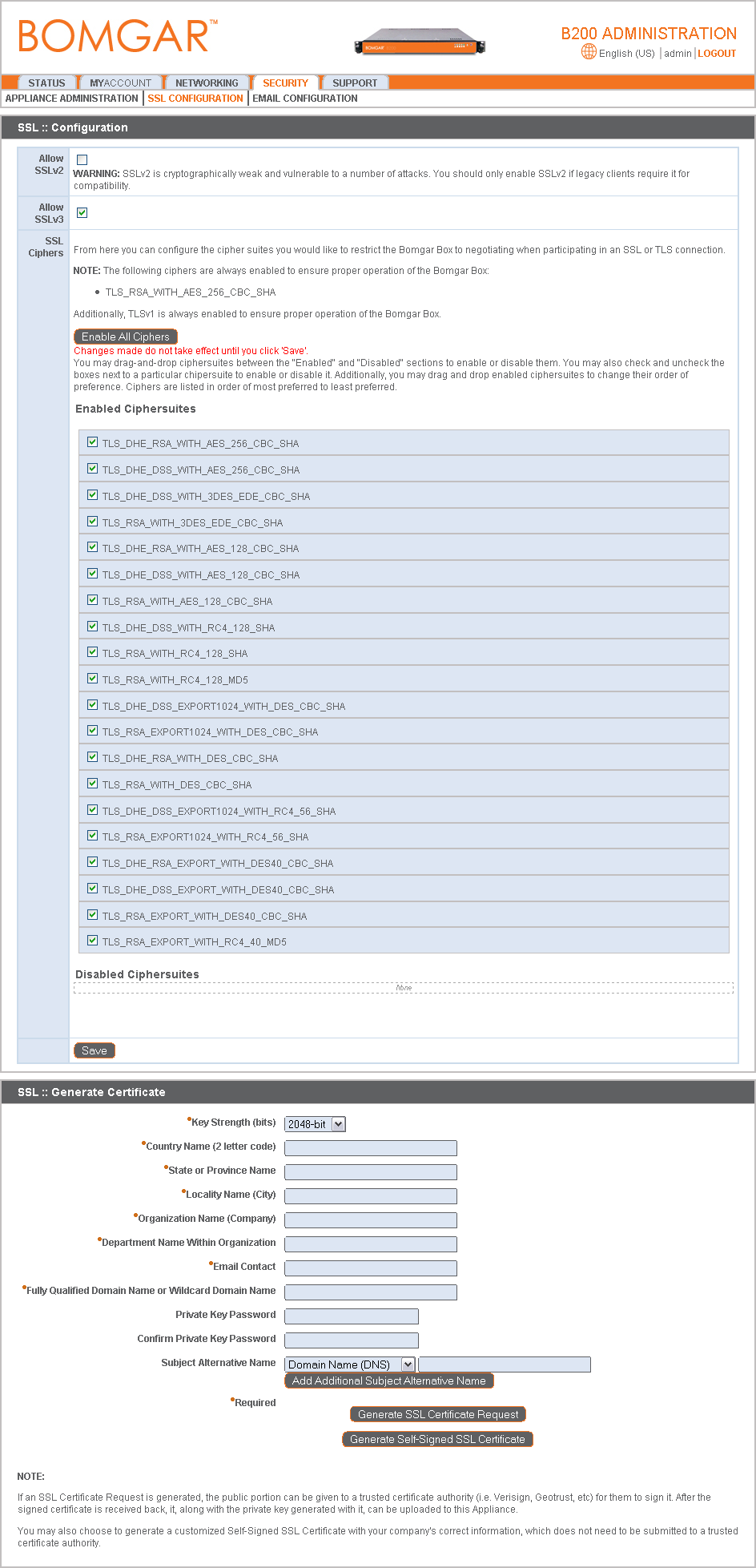 Configurazione SSL Scegli se usare SSLv2 o SSLv3 per accedere all interfaccia web.