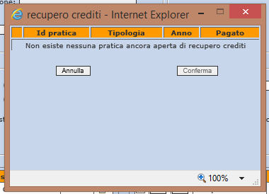 Dopo aver premuto il tasto Nuova o il tasto Conferma verrà aperto il popup informativo del recupero crediti.