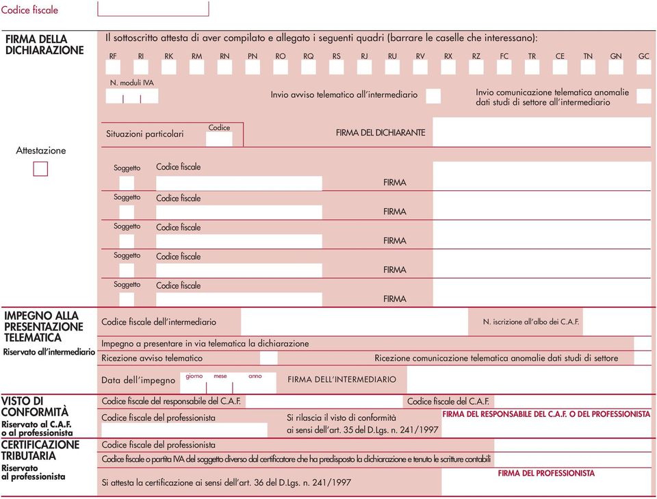 moduli IVA Invio avviso telematico all intermediario Invio comunicazione telematica anomalie dati studi di settore all intermediario Attestazione IMPEGNO ALLA PRESENTAZIONE TELEMATICA Riservato all