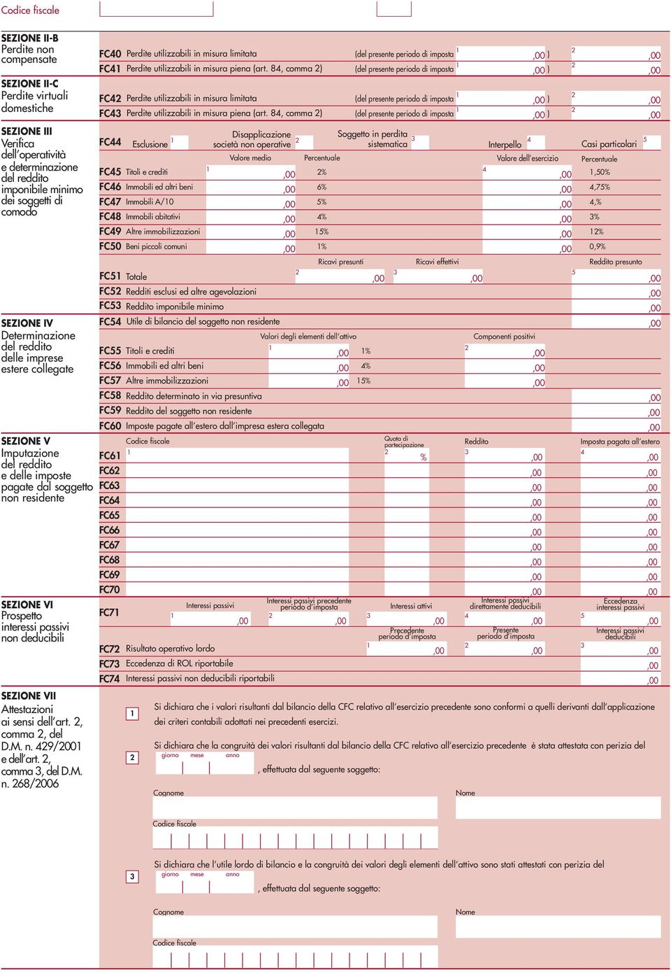 SEZIONE VI Prospetto interessi passivi non deducibili SEZIONE VII Attestazioni ai sensi dell art., comma, del D.M. n. 9/00 e dell art., comma, del D.M. n. 68/006 FC0 Perdite utilizzabili in misura limitata FC Perdite utilizzabili in misura piena (art.