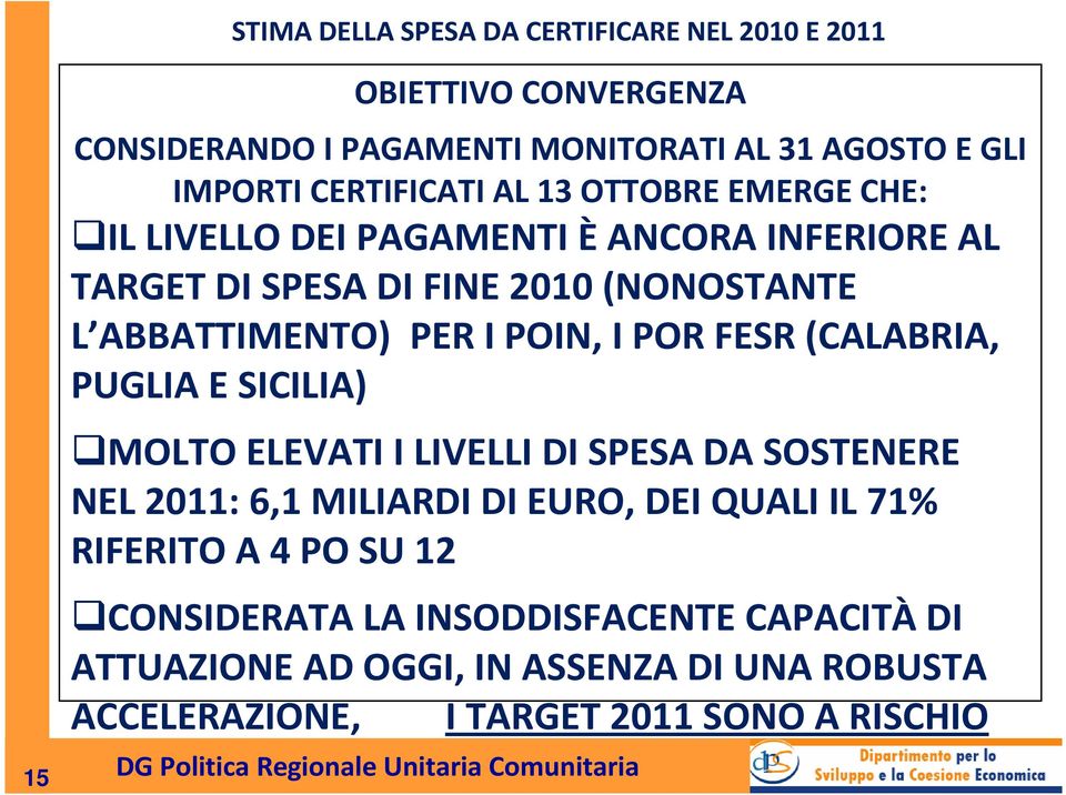 I POIN, I POR FESR (CALABRIA, PUGLIA E SICILIA) MOLTO ELEVATI I LIVELLI DI SPESA DA SOSTENERE NEL 2011: 6,1 MILIARDI DI EURO, DEI QUALI IL 71%