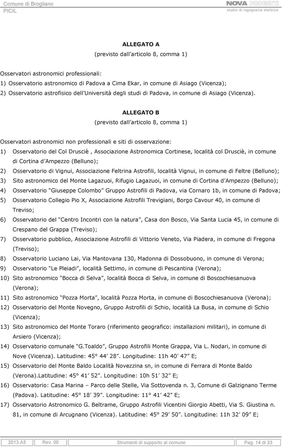 ALLEGATO B (previsto dall articolo 8, comma 1) Osservatori astronomici non professionali e siti di osservazione: 1) Osservatorio del Col Drusciè, Associazione Astronomica Cortinese, località col