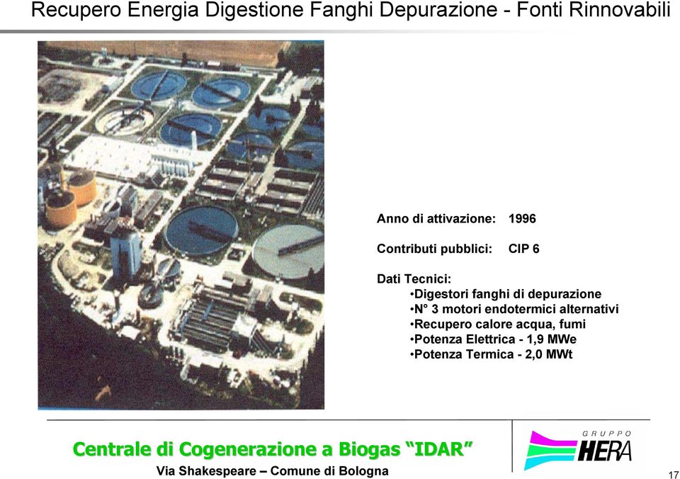 alternativi Recupero calore acqua, fumi Potenza Elettrica - 1,9 MWe Potenza Termica - 2,0 MWt