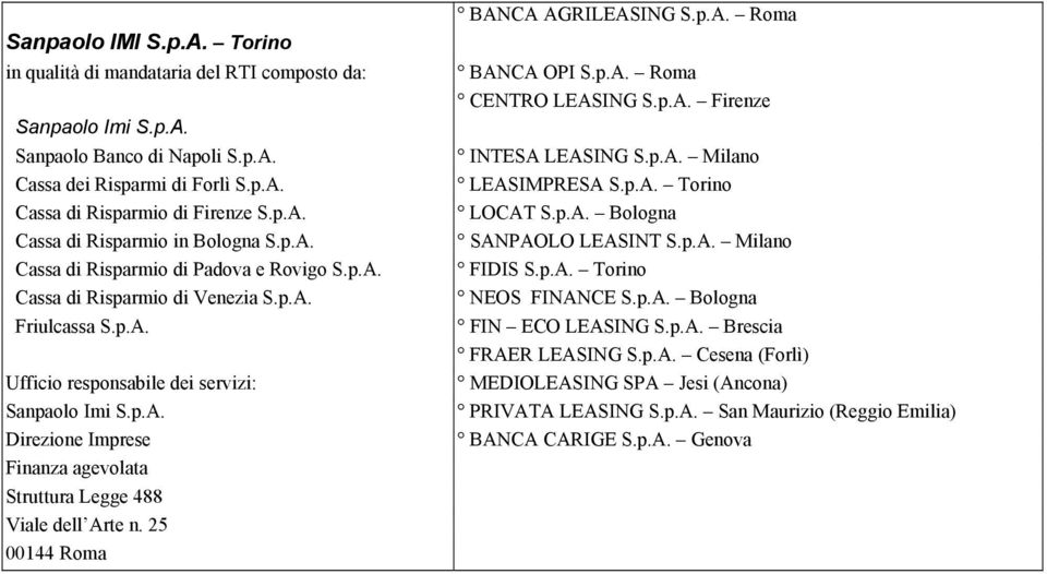 25 00144 Roma BANCA OPI S.p.A. Roma CENTRO LEASING S.p.A. Firenze LEASIMPRESA S.p.A. Torino SANPAOLO LEASINT S.p.A. Milano FIDIS S.p.A. Torino NEOS FINANCE S.p.A. Bologna FRAER LEASING S.