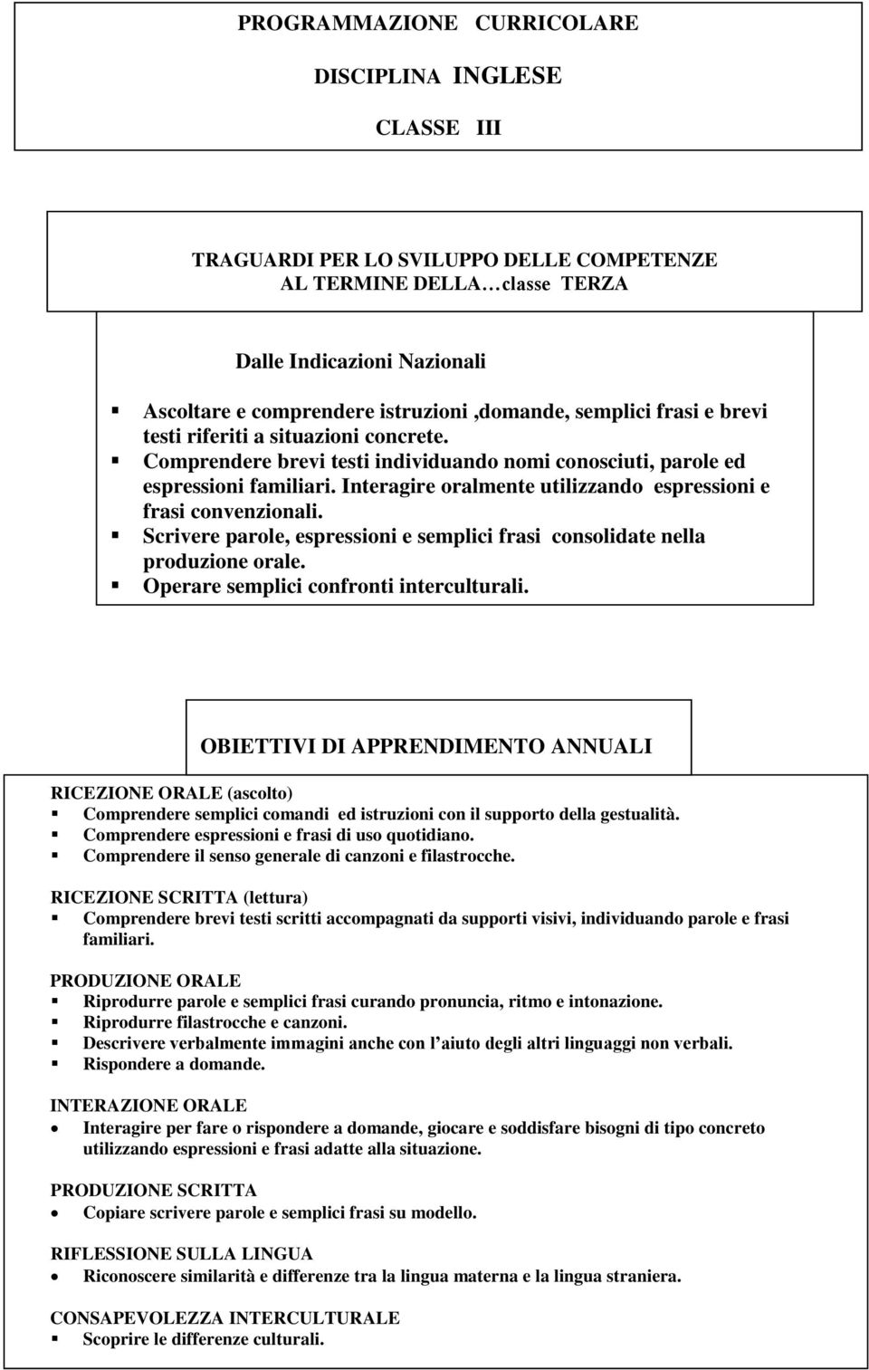 Interagire oralmente utilizzando espressioni e frasi convenzionali. Scrivere parole, espressioni e semplici frasi consolidate nella produzione orale. Operare semplici confronti interculturali.