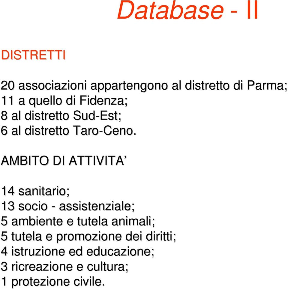 AMBITO DI ATTIVITA 14 sanitario; 13 socio - assistenziale; 5 ambiente e tutela