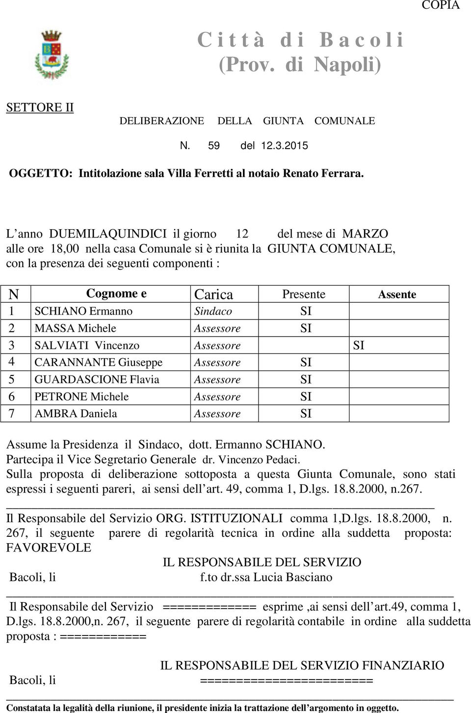 1 SCHIANO Ermanno Nome Sindaco SI 2 MASSA Michele Assessore SI 3 SALVIATI Vincenzo Assessore SI 4 CARANNANTE Giuseppe Assessore SI 5 GUARDASCIONE Flavia Assessore SI 6 PETRONE Michele Assessore SI 7