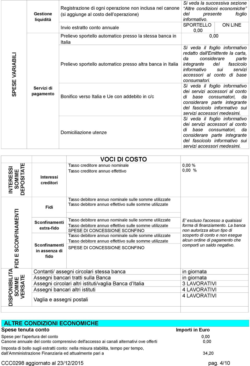 sezione Altre condizioni economiche del presente foglio informativo.