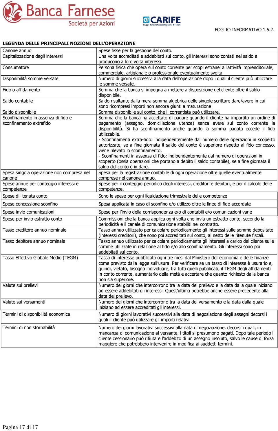 sconfino Spese invio comunicazioni Spese per invio estratto conto Tasso creditore annuo nominale Tasso debitore annuo nominale Tasso Effettivo Globale Medio (TEGM) Valute sui prelievi Valute sui