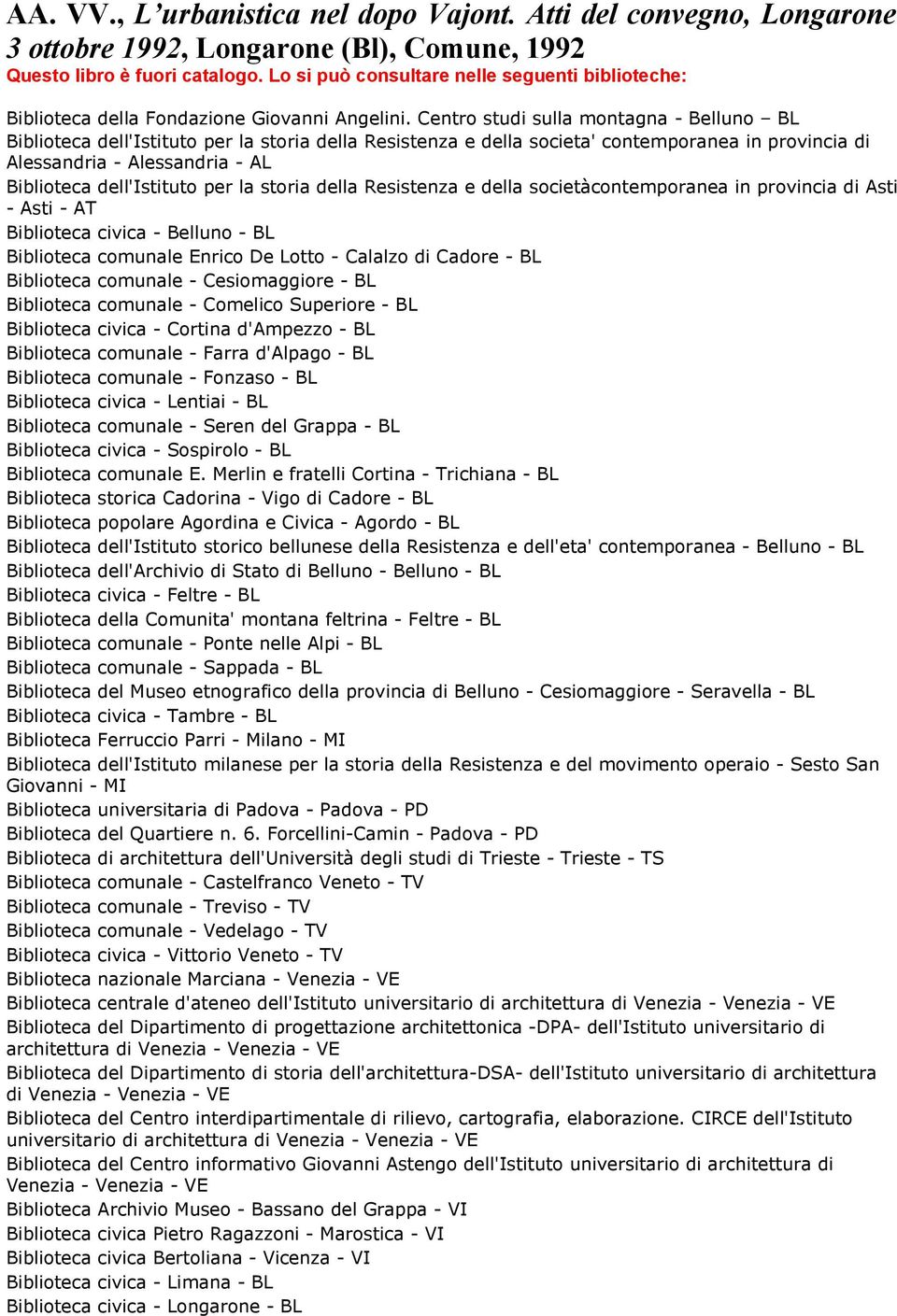 per la storia della Resistenza e della societàcontemporanea in provincia di Asti - Asti - AT Biblioteca comunale Enrico De Lotto - Calalzo di Cadore - Biblioteca comunale - Cesiomaggiore - Biblioteca