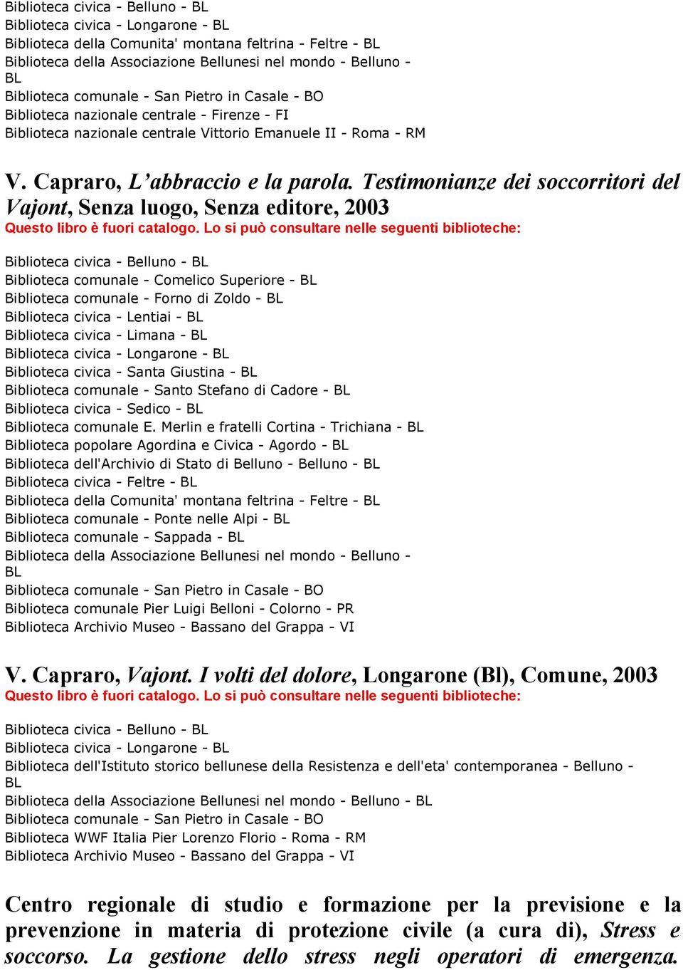 Testimonianze dei soccorritori del Vajont, Senza luogo, Senza editore, 2003 Biblioteca comunale - Comelico Superiore - Biblioteca comunale - Forno di Zoldo - Biblioteca civica - Lentiai - Biblioteca