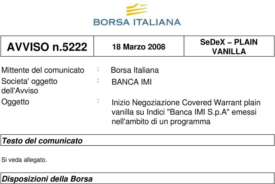 Italiana Societa' oggetto : BANCA dell'avviso Oggetto : Inizio Negoziazione