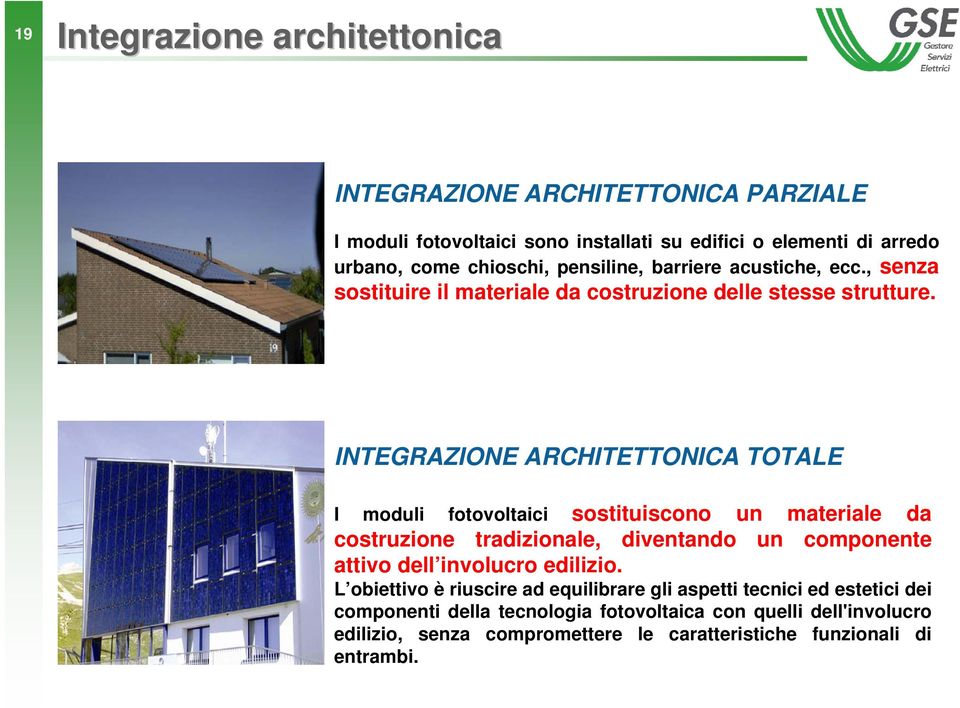 INTEGRAZIONE ARCHITETTONICA TOTALE I moduli fotovoltaici sostituiscono un materiale da costruzione tradizionale, diventando un componente attivo dell involucro