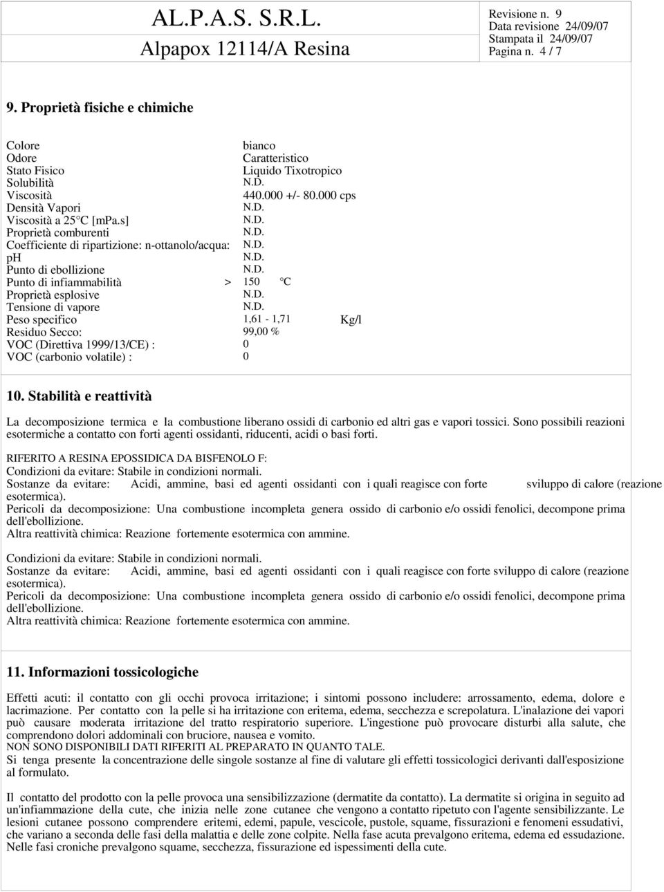 Residuo Secco: 99,00 % VOC (Direttiva 1999/13/CE) : 0 VOC (carbonio volatile) : 0 10.