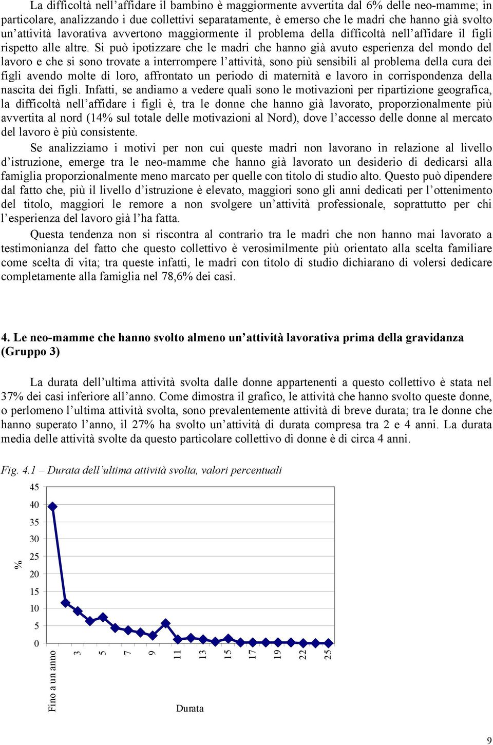 Si può ipotizzare che le madri che hanno già avuto esperienza del mondo del lavoro e che si sono trovate a interrompere l attività, sono più sensibili al problema della cura dei figli avendo molte di