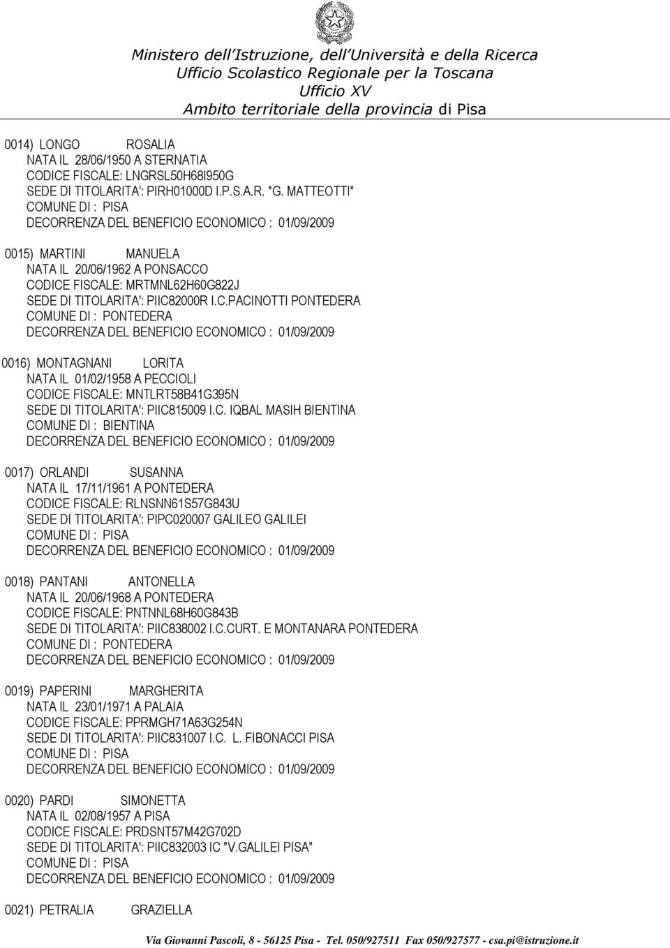 O CODICE FISCALE: MRTMNL62H60G822J SEDE DI TITOLARITA': PIIC82000R I.C.PACINOTTI PONTEDERA 0016) MONTAGNANI LORITA NATA IL 01/02/1958 A PECCIOLI CODICE FISCALE: MNTLRT58B41G395N SEDE DI TITOLARITA': PIIC815009 I.