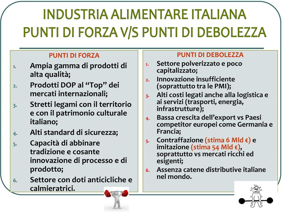 Settore polverizzato e poco capitalizzato; 2. Innovazione insufficiente (soprattutto tra le PMI); 3. Alti costi legati anche alla logistica e ai servizi (trasporti, energia, infrastrutture); 4.