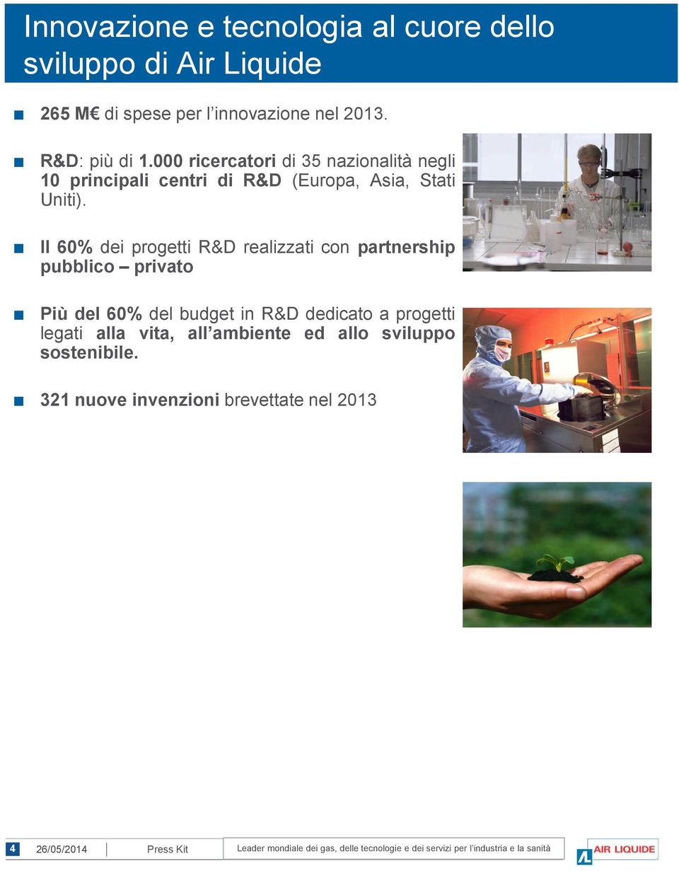 Il 60% dei progetti R&D realizzati con partnership pubblico privato Più del 60% del budget in R&D dedicato a progetti legati alla vita, all ambiente ed