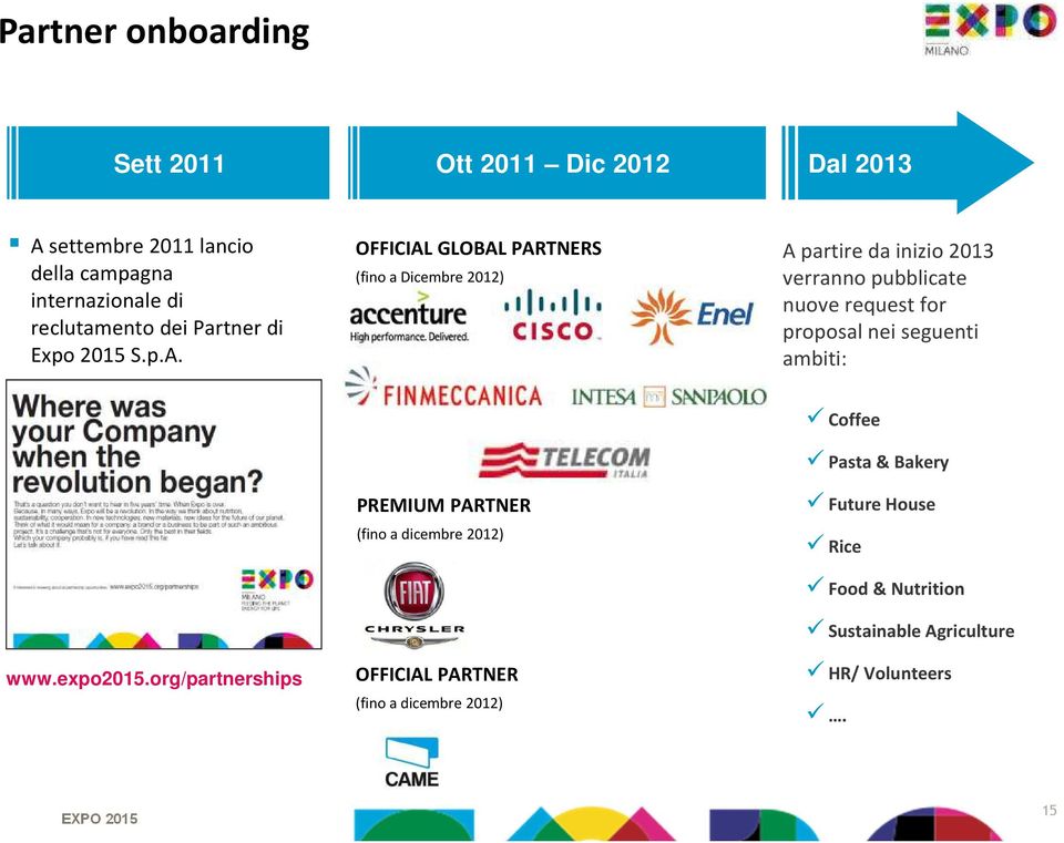 OFFICIAL GLOBAL PARTNERS (fino a Dicembre 2012) A partireda inizio2013 verranno pubblicate nuoverequest for proposal nei