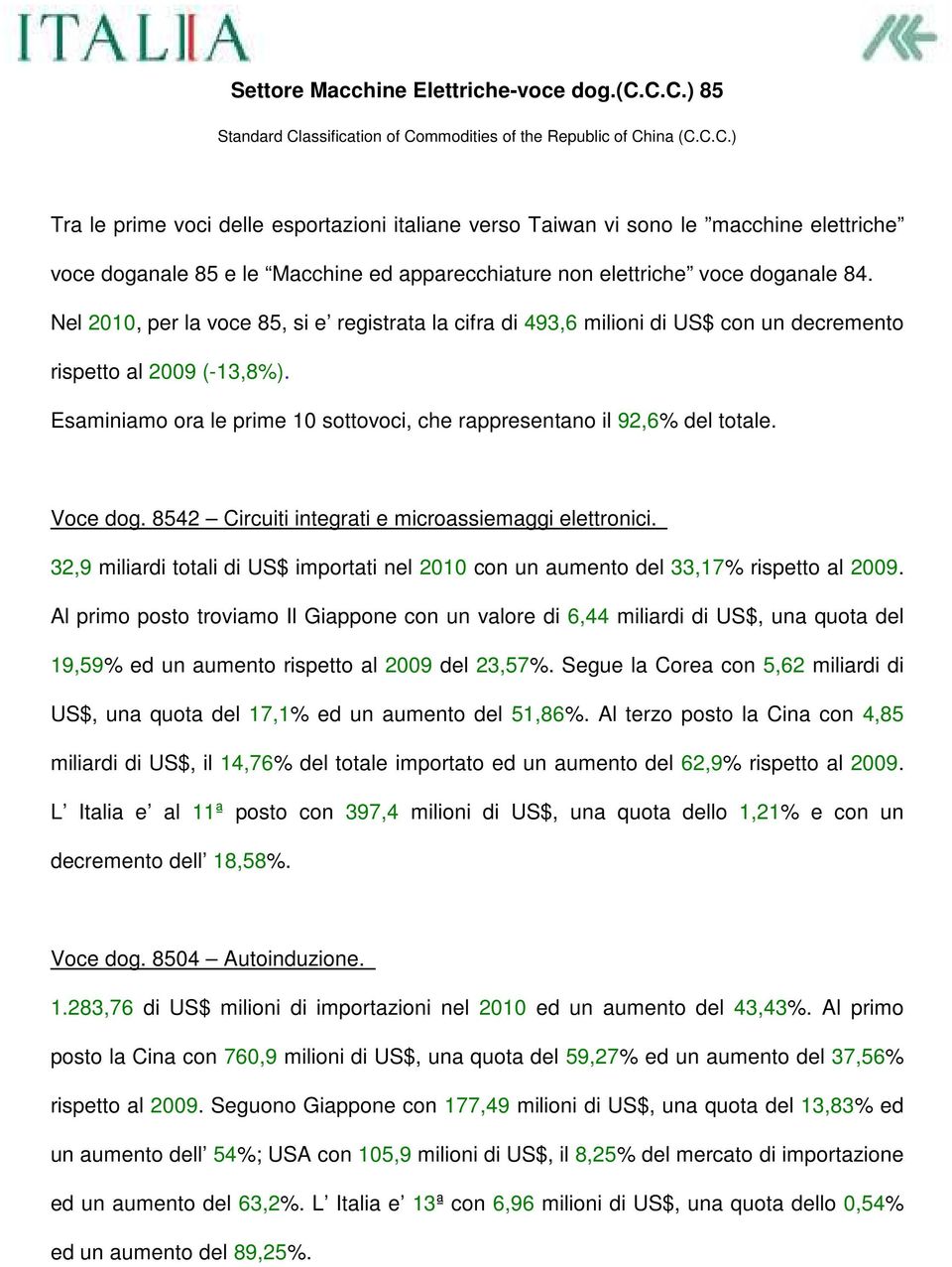 Nel 2010, per la voce 85, si e registrata la cifra di 493,6 milioni di US$ con un decremento rispetto al 2009 (-13,8%). Esaminiamo ora le prime 10 sottovoci, che rappresentano il 92,6% del totale.