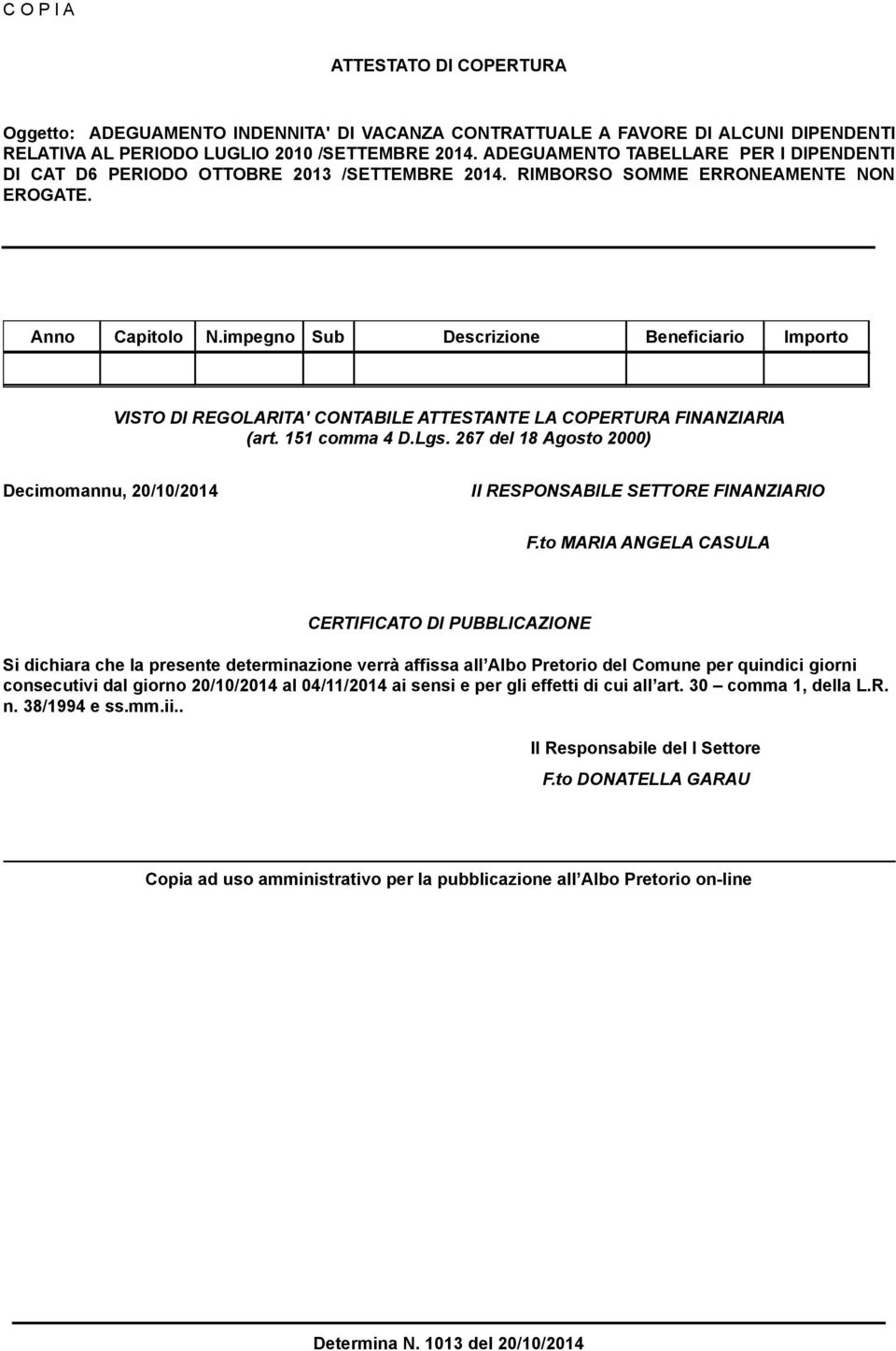 impegno Sub Descrizione Beneficiario Importo VISTO DI REGOLARITA' CONTABILE ATTESTANTE LA COPERTURA FINANZIARIA (art. 151 comma 4 D.Lgs.