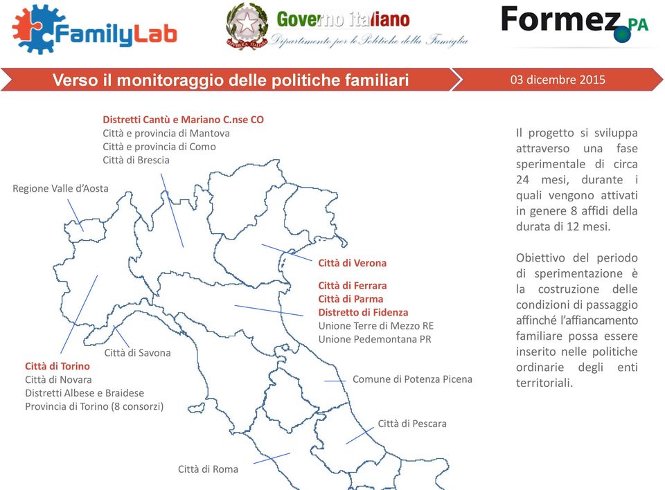 Pedemontana PR Comune di Potenza Picena Città di Pescara Il progetto si sviluppa attraverso una fase sperimentale di circa 24 mesi, durante i quali vengono attivati in genere 8 affidi della