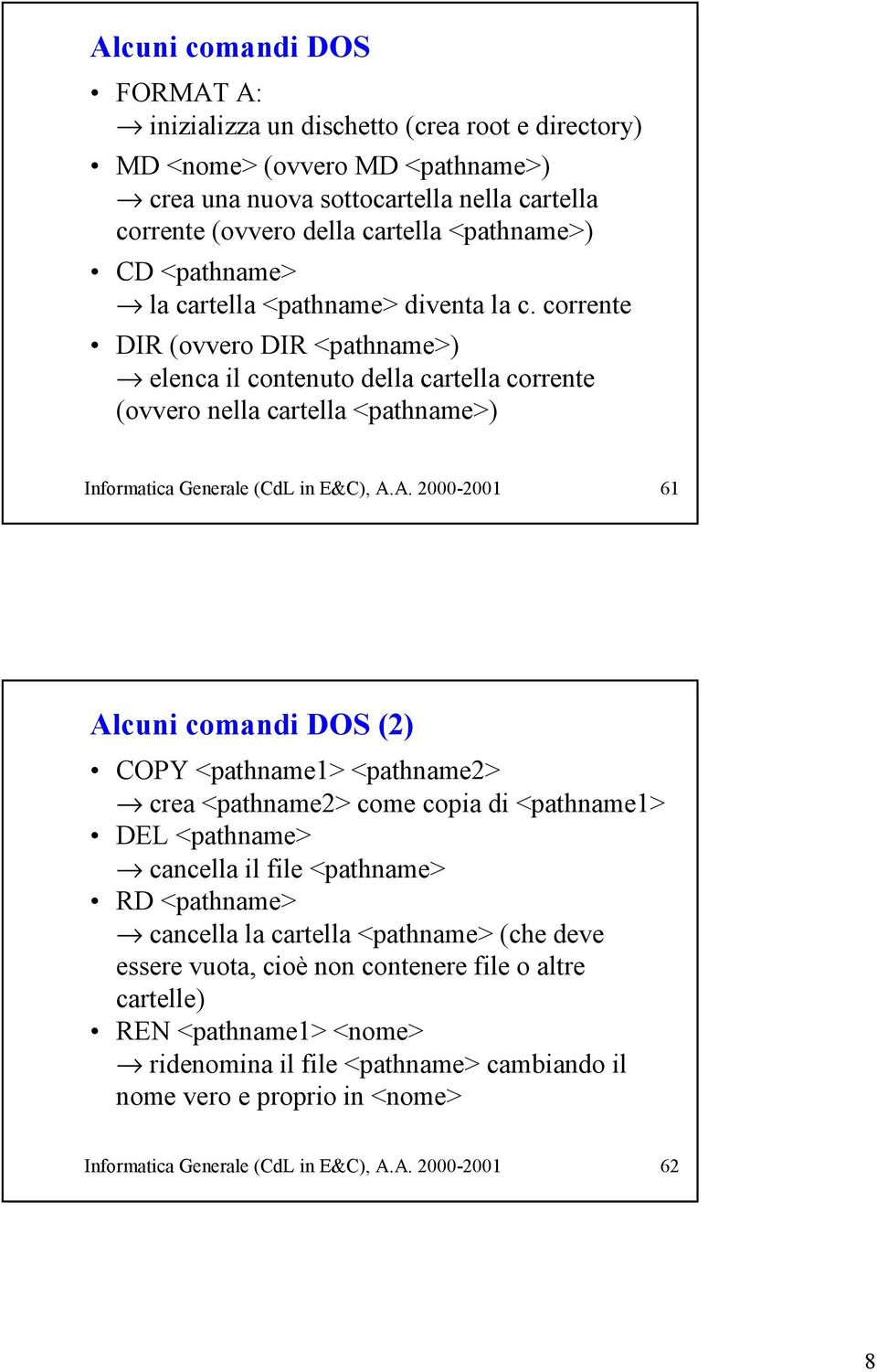 corrente DIR (ovvero DIR <pathname>) elenca il contenuto della cartella corrente (ovvero nella cartella <pathname>) Informatica Generale (CdL in E&C), A.