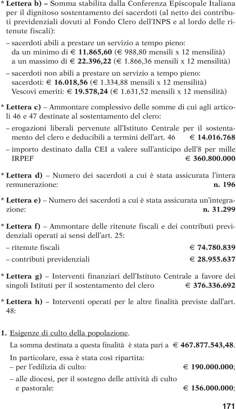 866,36 mensili x 12 mensilità) sacerdoti non abili a prestare un servizio a tempo pieno: sacerdoti: 16.018,56 ( 1.334,88 mensili x 12 mensilità) Vescovi emeriti: 19.578,24 ( 1.