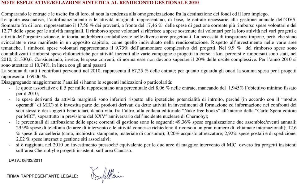 Sommate fra di loro, rappresentano il 17,56 % dei proventi, a fronte del 17,46 % delle spese di gestione corrente più rimborso spese volontari e del 12,77 delle spese per le attività marginali.