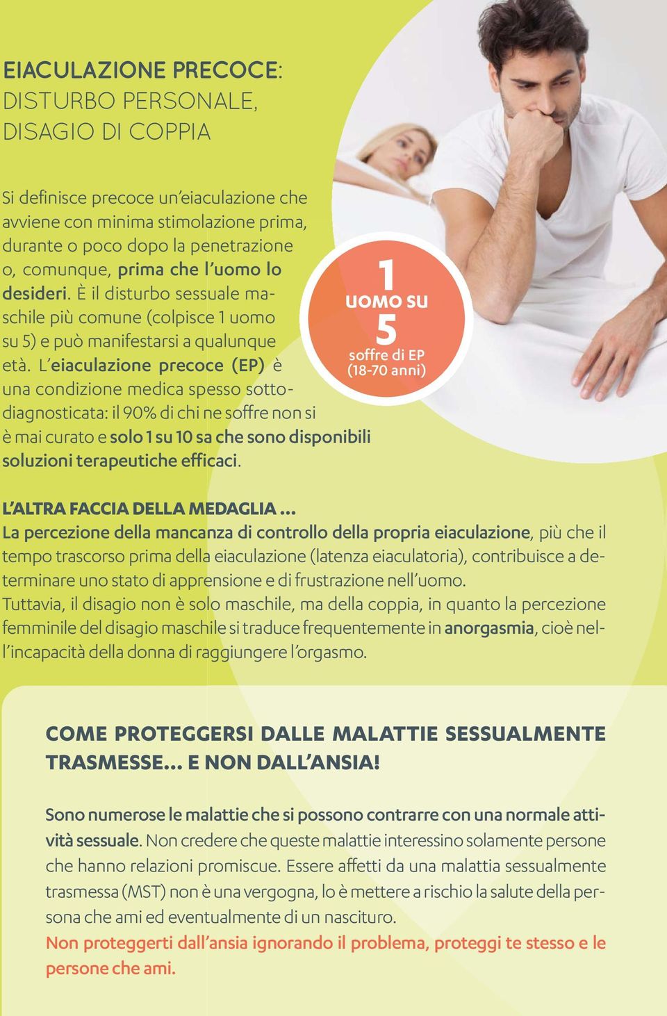 L eiaculazione precoce (EP) è una condizione medica spesso sottodiagnosticata: il 90% di chi ne soffre non si è mai curato e solo 1 su 10 sa che sono disponibili soluzioni terapeutiche efficaci.