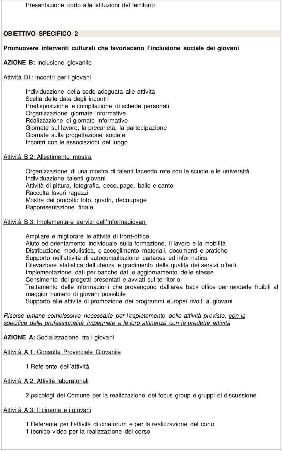 Realizzazione di giornate informative Giornate sul lavoro, la precarietà, la partecipazione Giornate sulla progettazione sociale Incontri con le associazioni del luogo Attività B 2: Allestimento