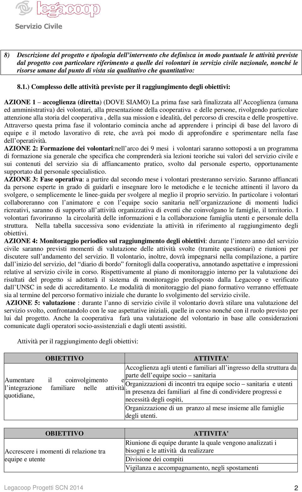 .) Complesso delle attività previste per il raggiungimento degli obiettivi: AZIONE accoglienza (diretta) (DOVE SIAMO) La prima fase sarà finalizzata all Accoglienza (umana ed amministrativa) dei