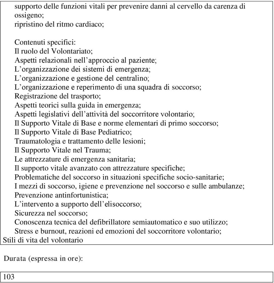 Aspetti teorici sulla guida in emergenza; Aspetti legislativi dell attività del soccorritore volontario; Il Supporto Vitale di Base e norme elementari di primo soccorso; Il Supporto Vitale di Base