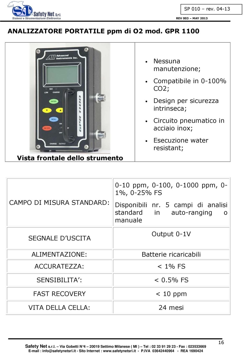 frontale dello strumento Esecuzione water resistant; CAMPO DI MISURA STANDARD: SEGNALE D USCITA ALIMENTAZIONE: ACCURATEZZA: SENSIBILITA