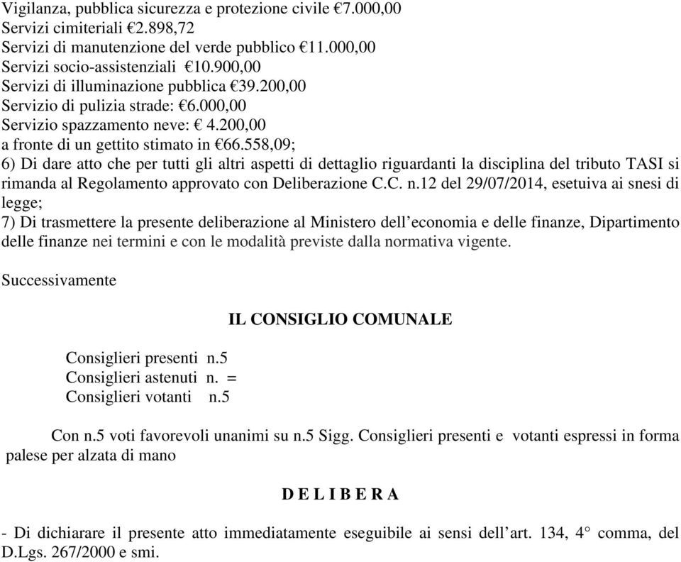 558,09; 6) Di dare atto che per tutti gli altri aspetti di dettaglio riguardanti la disciplina del tributo TASI si rimanda al Regolamento approvato con Deliberazione C.C. n.