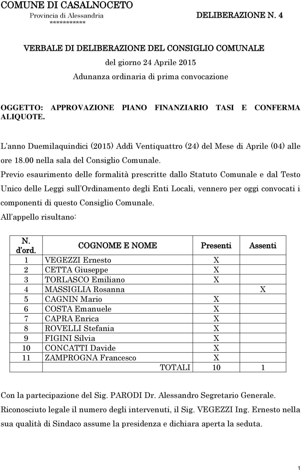 L anno Duemilaquindici (2015) Addì Ventiquattro (24) del Mese di Aprile (04) alle ore 18.00 nella sala del Consiglio Comunale.