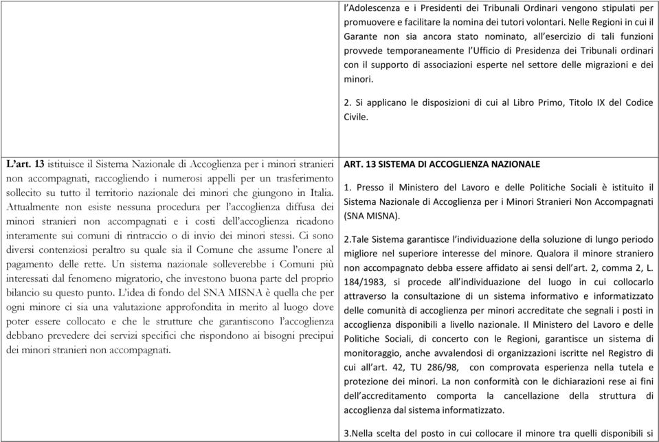 esperte nel settore delle migrazioni e dei minori. 2. Si applicano le disposizioni di cui al Libro Primo, Titolo IX del Codice Civile. L art.