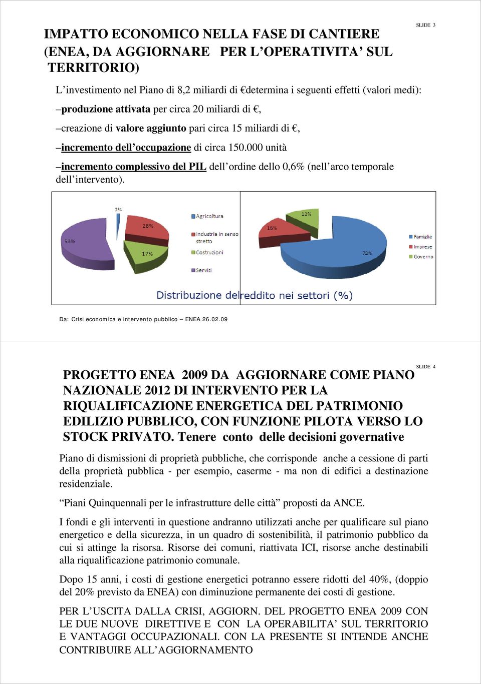 000 unità incremento complessivo del PIL dell ordine dello 0,6% (nell arco temporale dell intervento). Da: Crisi economica e intervento pubblico ENEA 26.02.