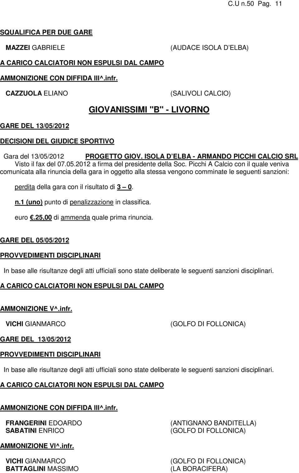 ISOLA D ELBA - ARMANDO PICCHI CALCIO SRL Visto il fax del 07.05.2012 a firma del presidente della Soc.