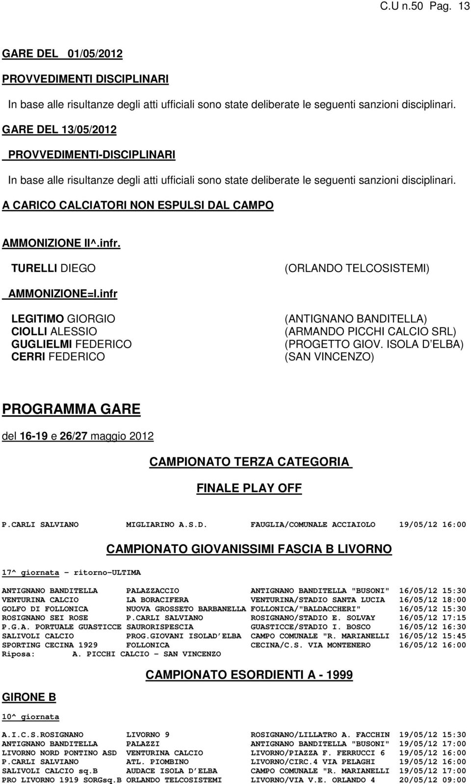 A CARICO CALCIATORI NON ESPULSI DAL CAMPO AMMONIZIONE II^.infr. TURELLI DIEGO (ORLANDO TELCOSISTEMI) AMMONIZIONE=I.