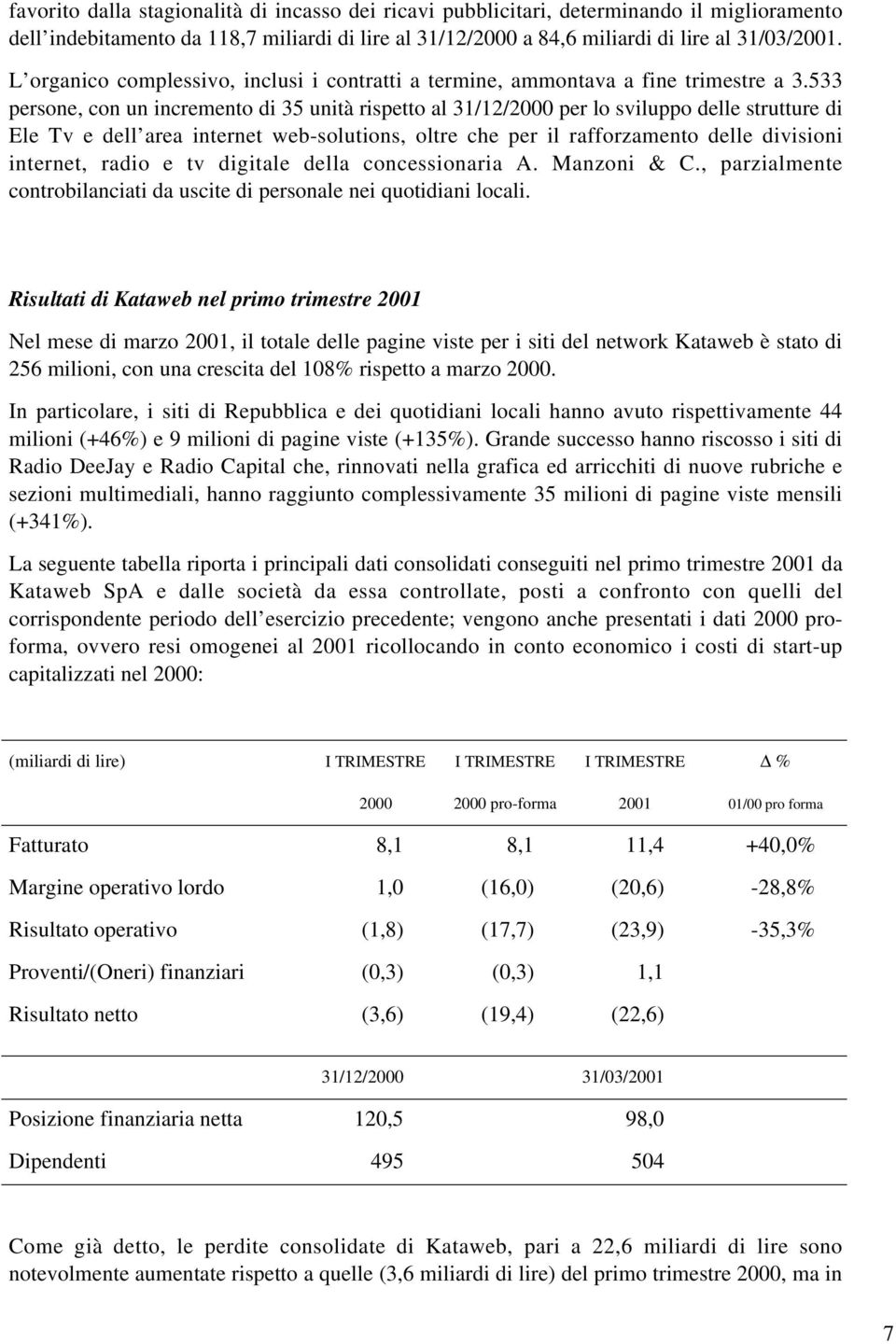 533 persone, con un incremento di 35 unità rispetto al 31/12/2000 per lo sviluppo delle strutture di Ele Tv e dell area internet web-solutions, oltre che per il rafforzamento delle divisioni