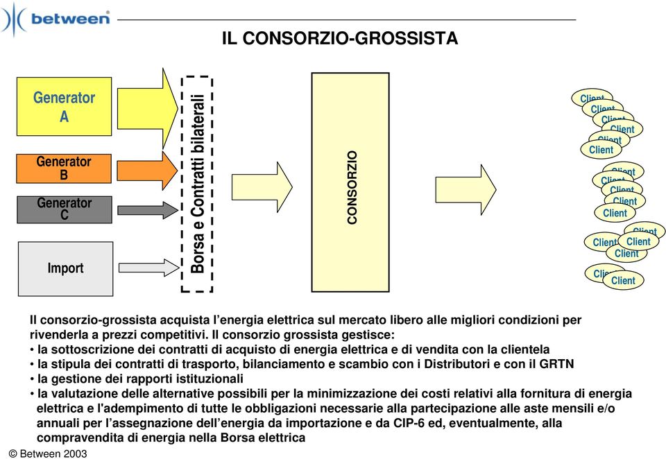 Il consorzio grossista gestisce: la sottoscrizione dei contratti di acquisto di energia elettrica e di vendita con la clientela la stipula dei contratti di trasporto, bilanciamento e scambio con i