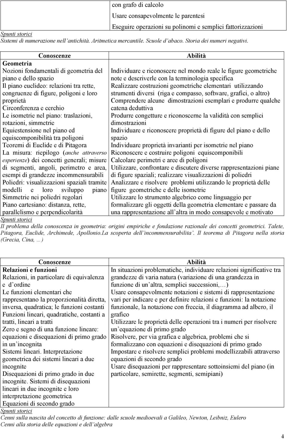 Geometria Nozioni fondamentali di geometria del piano e dello spazio Il piano euclideo: relazioni tra rette, congruenze di figure, poligoni e loro proprietà Circonferenza e cerchio Le isometrie nel